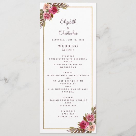 Elegant Bruiloft Roos Bloemen Goud Lijst Wit Menu (Voorkant)