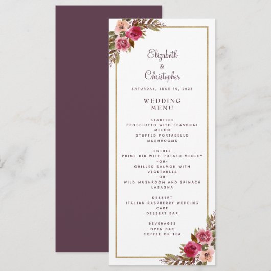 Elegant Bruiloft Roos Bloemen Goud Lijst Wit Menu (Voorkant / Achterkant)
