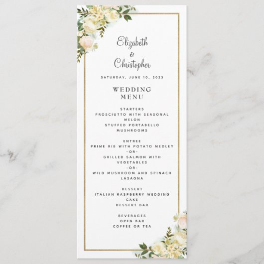 Elegant Bruiloft Roos Bloemen Goud Lijst Wit Menu (Voorkant)
