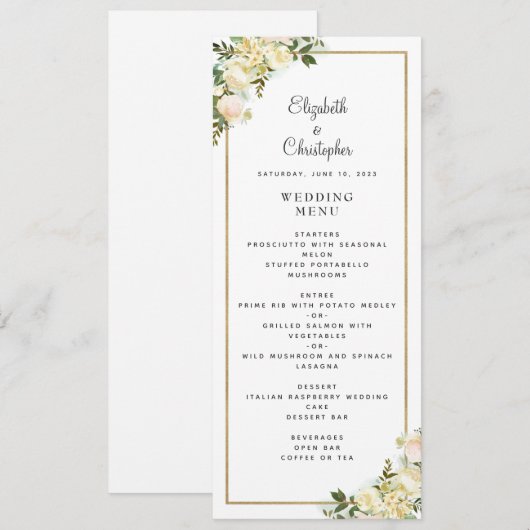 Elegant Bruiloft Roos Bloemen Goud Lijst Wit Menu (Voorkant / Achterkant)