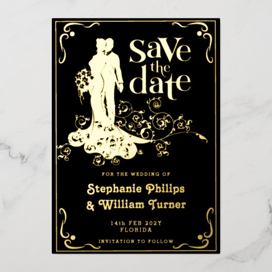 Elegant bruiloft silhouet Save the Date Folie Uitnodiging (Voorkant)