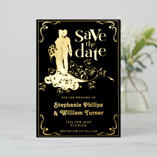 Elegant bruiloft silhouet Save the Date Folie Uitnodiging (Staand Voorkant)
