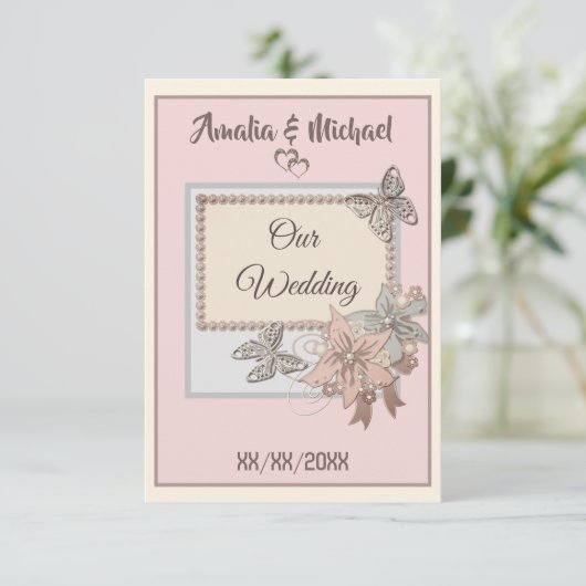 Elegant, bruiloft, verloving uitnodiging, vlinder kaart (Staand voorkant)