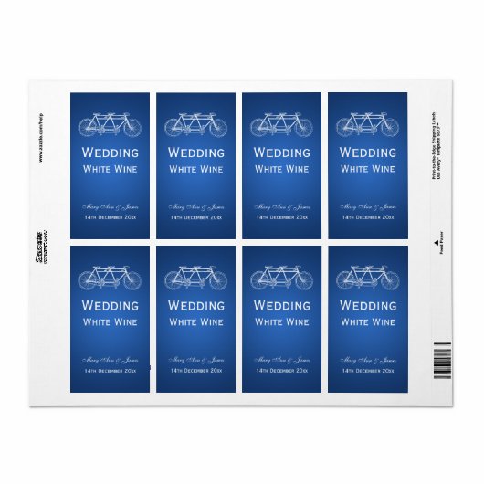 Elegant Bruiloft Wijn Label Tandem Bike Blue (Full Sheet)