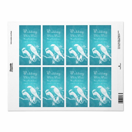 Elegant Bruiloft Wijn Label Tortelduifjes Blauw (Full Sheet)