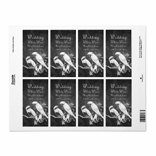 Elegant Bruiloft Wijn Label Tortelduifjes Zwart (Full Sheet)
