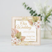 Elegant Bruiloft Witte Crème Boho Bloemen Goud Kaart (Staand voorkant)