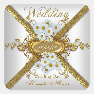 Elegant Bruiloft Witte Daisy Bloemen Goud Vierkante Sticker