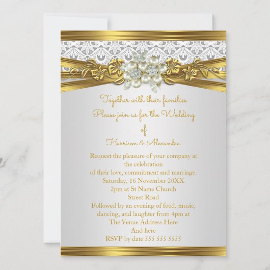 Elegant Bruiloft Witte Parel Gouden Kant Bloemen Kaart (Achterkant)