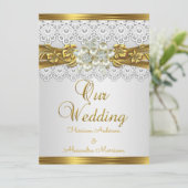 Elegant Bruiloft Witte Parel Gouden Kant Bloemen Kaart (Staand voorkant)