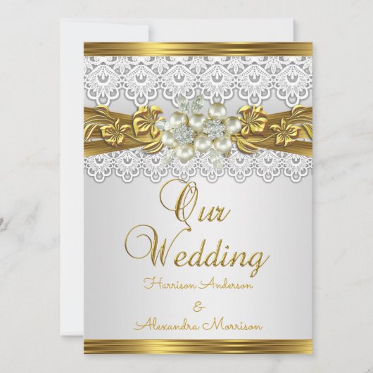Elegant Bruiloft Witte Parel Gouden Kant Bloemen Kaart (Voorkant)