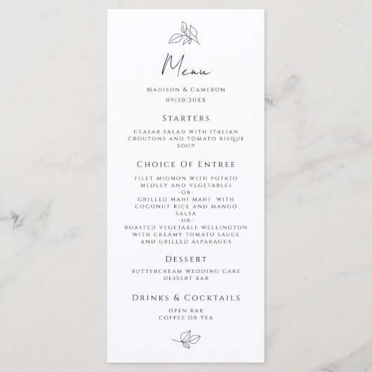 Elegant Bruiloft Zwart & Wit Formeel Diner Party Menu (Voorkant)