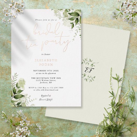 Elegant Bruilofts Theepartij Script Groene Monogra Folie Uitnodiging