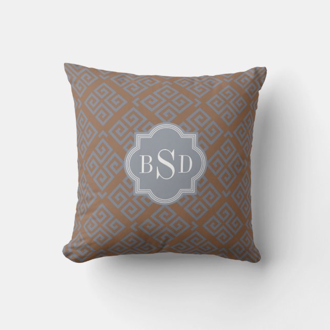 Elegant bruin abstract geometrisch patroonmonogram kussen (Voorkant)