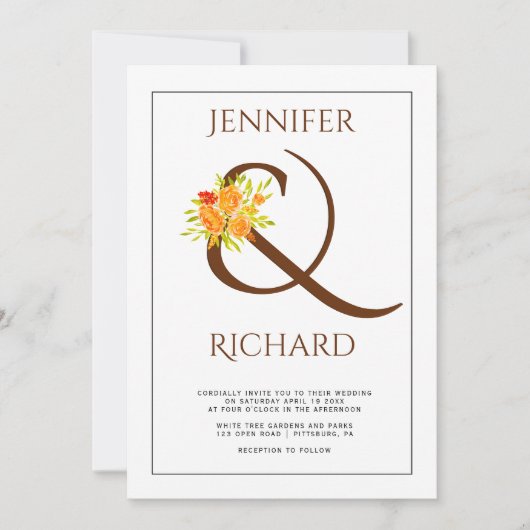 Elegant bruin ampersand, oranje rozen komen op bru kaart (Voorkant)