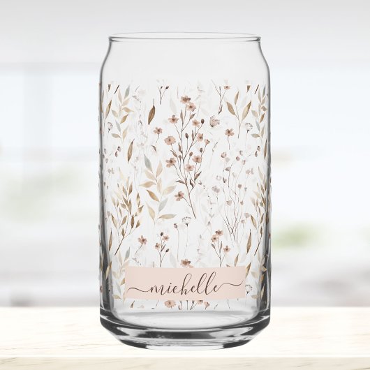 Elegant bruin bloemmotief met monogram blikvorm glas