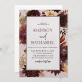 Elegant Bruin Bourgogne Bloemen Bruiloft Uitnodigi Kaart (Voorkant / Achterkant)
