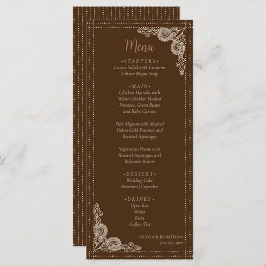 Elegant Bruin Bruiloft Menu (Voorkant / Achterkant)