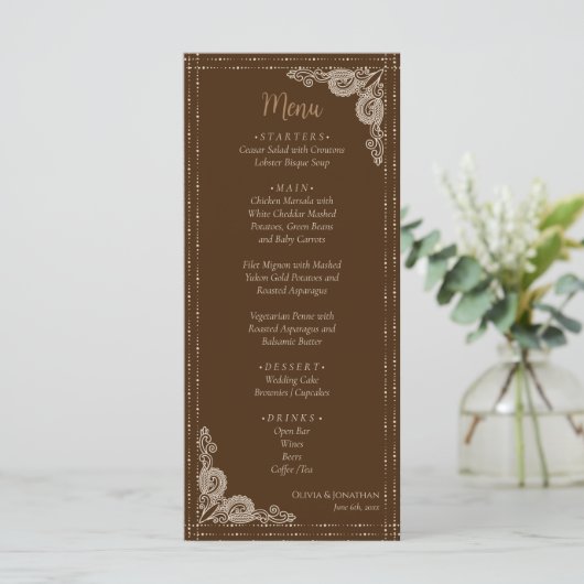 Elegant Bruin  Bruiloft Menu (Staand voorkant)