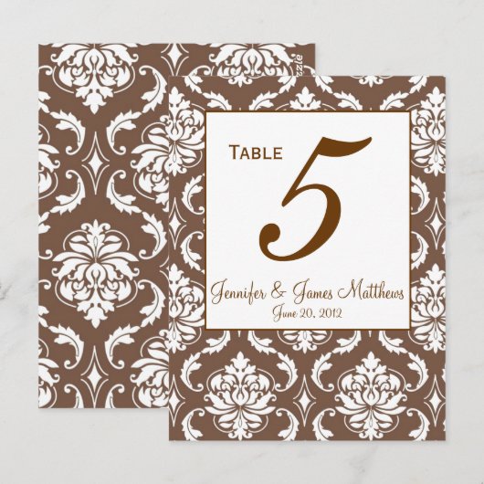 Elegant Bruin Damast Tafel Nummer Briefkaart (Voorkant / Achterkant)