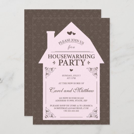 Elegant bruin demask bleek roze house kaart (Voorkant / Achterkant)