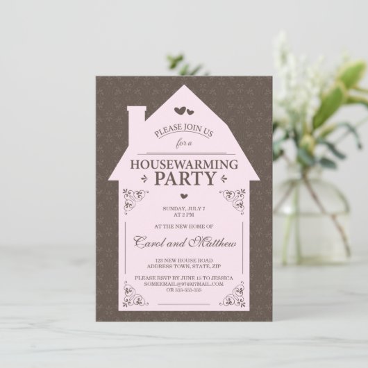 Elegant bruin demask bleek roze house kaart (Staand voorkant)