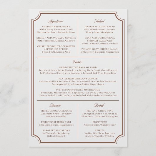 Elegant Bruin & Ecru Classic Bruiloft Menu (Voorkant)