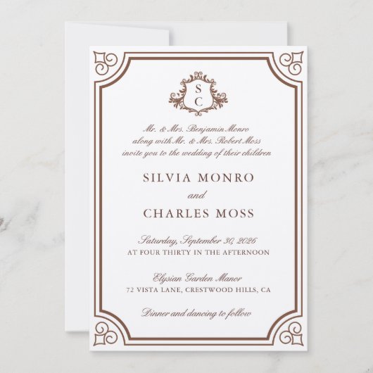 Elegant Bruin & Ecru Crest Monogram Bruiloft Kaart (Voorkant)
