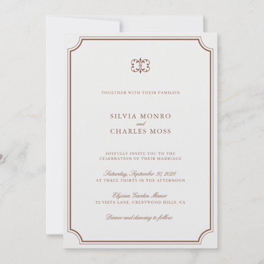 Elegant Bruin & Ecru Klassiek Script Wedding Crest Kaart (Voorkant)