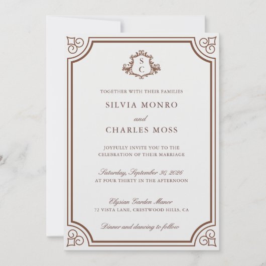 Elegant Bruin & Ecru Klassieke Monogram Bruiloft Kaart (Voorkant)