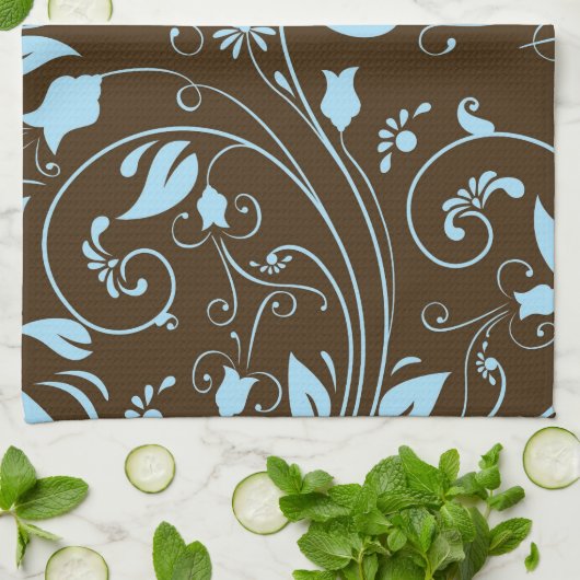 Elegant Bruin en Baby Blauw Bloemen Patroon Theedoek (Gevouwen)