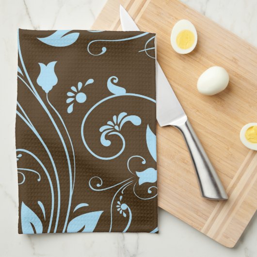 Elegant Bruin en Baby Blauw Bloemen Patroon Theedoek (Quarter Fold)