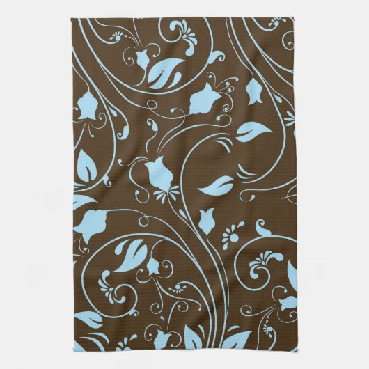 Elegant Bruin en Baby Blauw Bloemen Patroon Theedoek (Verticaal)