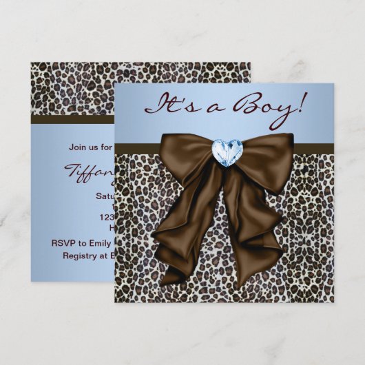 Elegant bruin en blauw luipaard Baby shower Kaart (Voorkant / Achterkant)