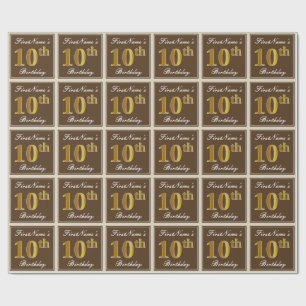 Elegant, bruin, Faux Gold 10th Birthday + naam Cadeaupapier