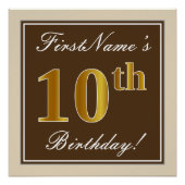 Elegant, bruin, Faux Gold 10th Birthday + naam Perfect Poster (Voorkant)
