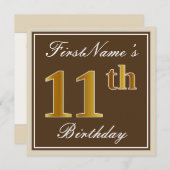 Elegant, bruin, Faux Gold 11th Birthday + naam Kaart (Voorkant / Achterkant)