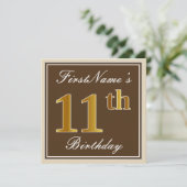 Elegant, bruin, Faux Gold 11th Birthday + naam Kaart (Staand voorkant)