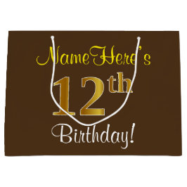 Elegant, bruin, Faux Gold 12th Birthday + naam Groot Cadeauzakje