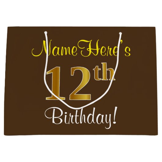 Elegant, bruin, Faux Gold 12th Birthday + naam Groot Cadeauzakje (Voorkant)