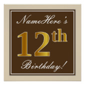 Elegant, bruin, Faux Gold 12th Birthday + naam Poster (Voorkant)