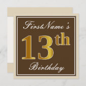 Elegant, bruin, Faux Gold 13th Birthday + naam Kaart (Voorkant / Achterkant)