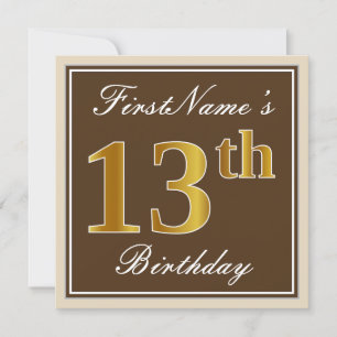 Elegant, bruin, Faux Gold 13th Birthday + naam Kaart