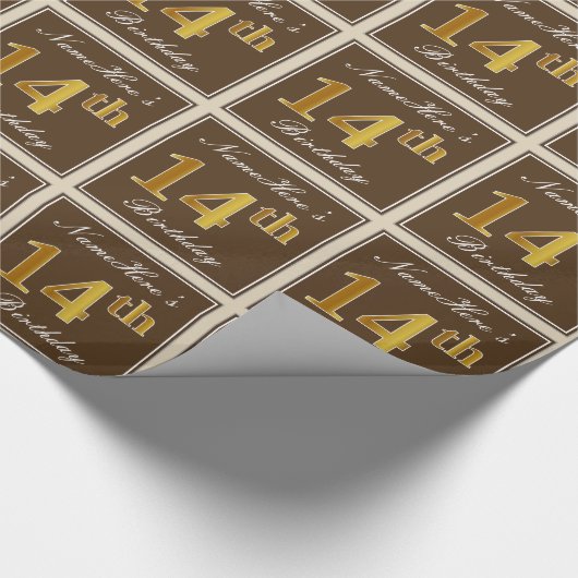Elegant, bruin, Faux Gold 14th Birthday + naam Cadeaupapier (Hoek)