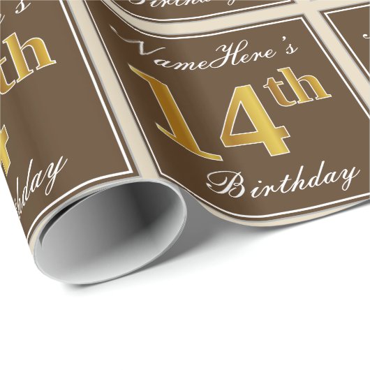 Elegant, bruin, Faux Gold 14th Birthday + naam Cadeaupapier (Rol Hoek)