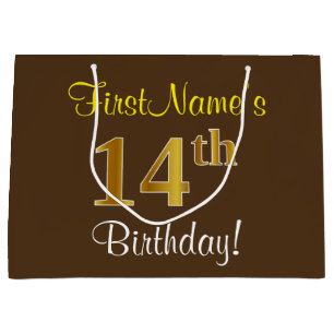 Elegant, bruin, Faux Gold 14th Birthday + naam Groot Cadeauzakje