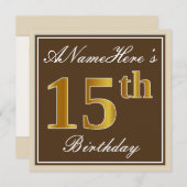 Elegant, bruin, Faux Gold 15th Birthday + naam Kaart (Voorkant / Achterkant)