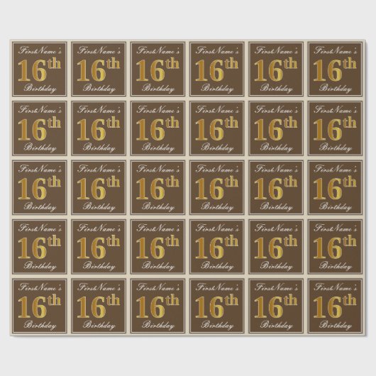 Elegant, bruin, Faux Gold 16e verjaardag + naam Cadeaupapier (Vlak)