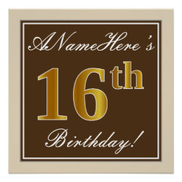 Elegant, bruin, Faux Gold 16e verjaardag + naam Poster