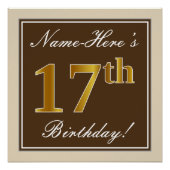 Elegant, bruin, Faux Gold 17th Birthday + naam Poster (Voorkant)